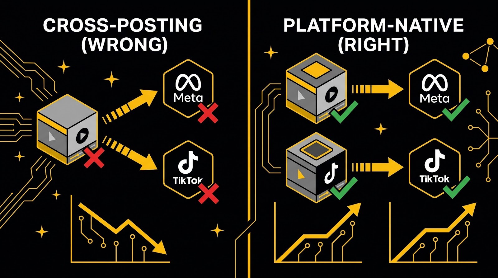 Before/after diagram showing cross-posting one asset to both platforms failing versus creating separate native assets for each platform succeeding.