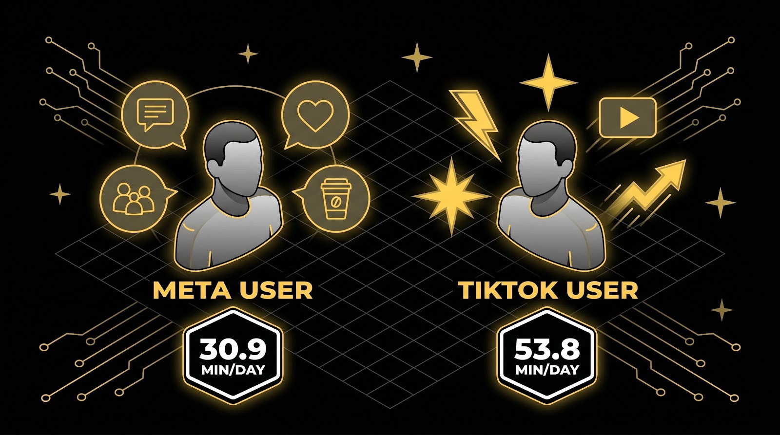 Side-by-side diagram comparing Meta user psychology (passive, social) with TikTok user psychology (discovery-hungry), with daily usage stats.