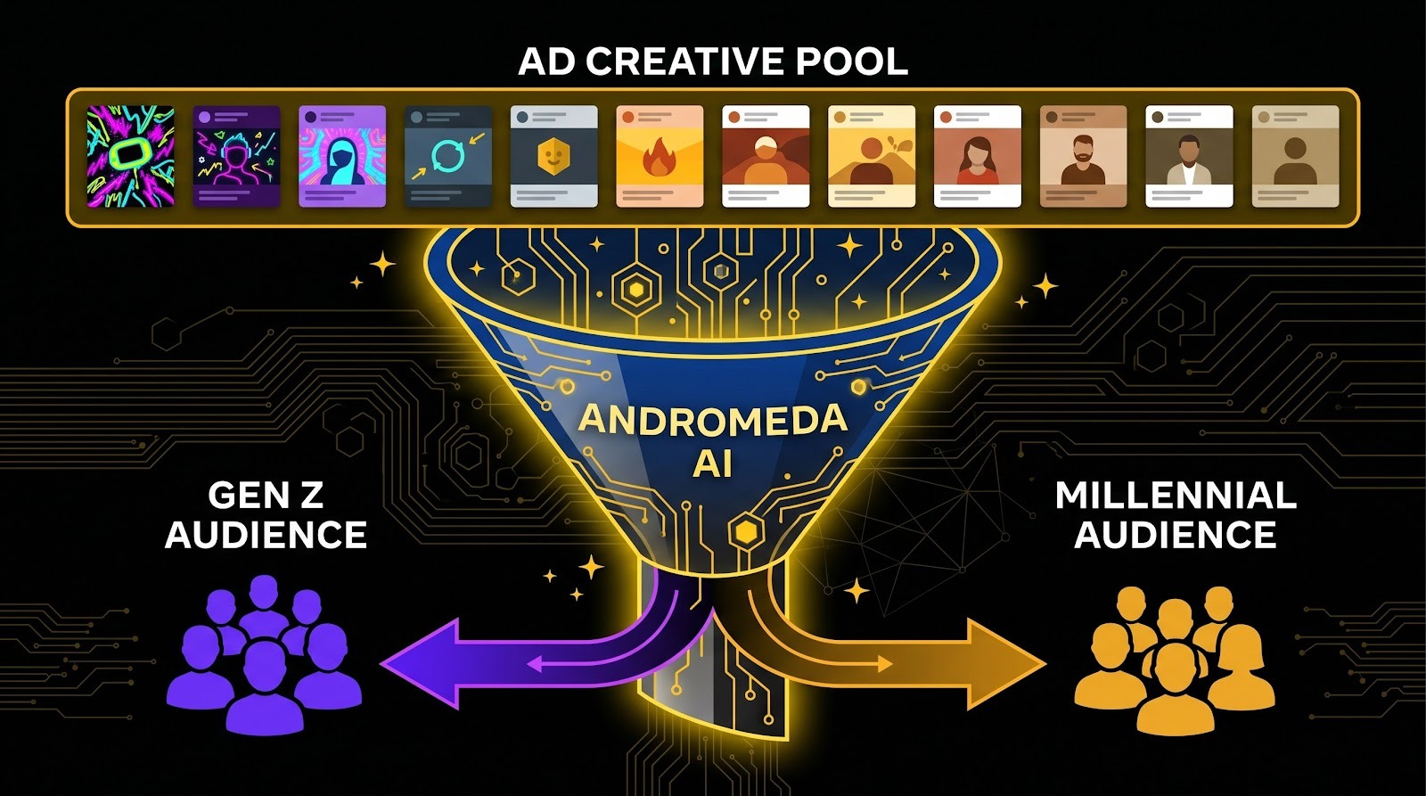 Funnel diagram showing Andromeda AI sorting diverse ad creatives toward Gen Z and Millennial audience groups based on content signals.