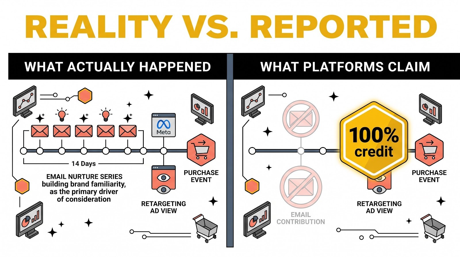 Side-by-side comparison showing email's real contribution versus Meta claiming 100% attribution credit for the same purchase.
