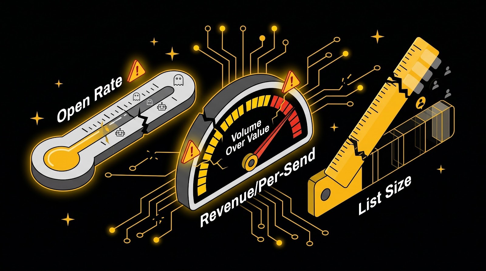 Three broken measurement instruments representing unreliable email metrics: open rate, revenue-per-send, and list size.