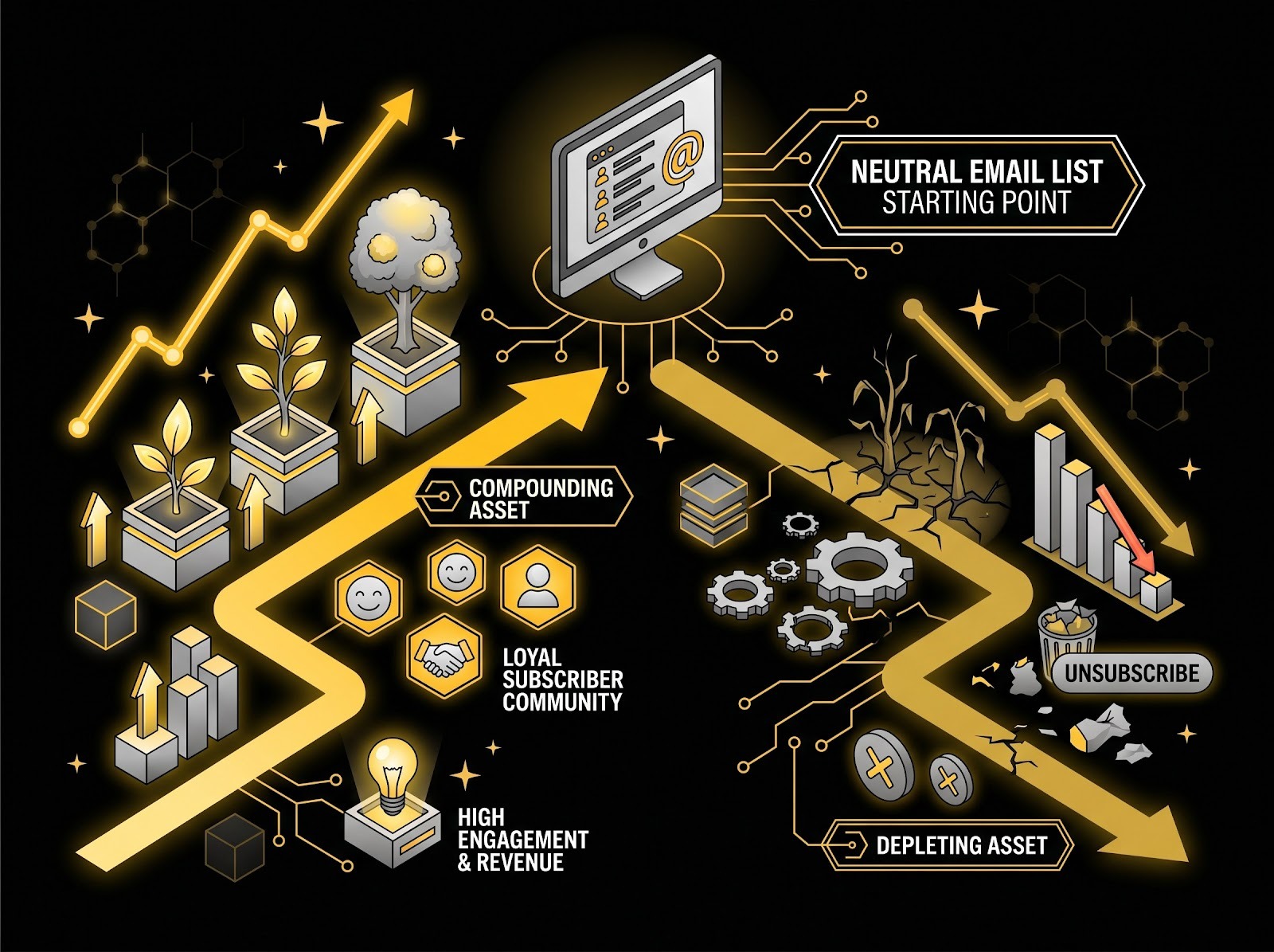 Two garden paths from one email list: a thriving compounding asset on the left and a withered depleting list on the right.