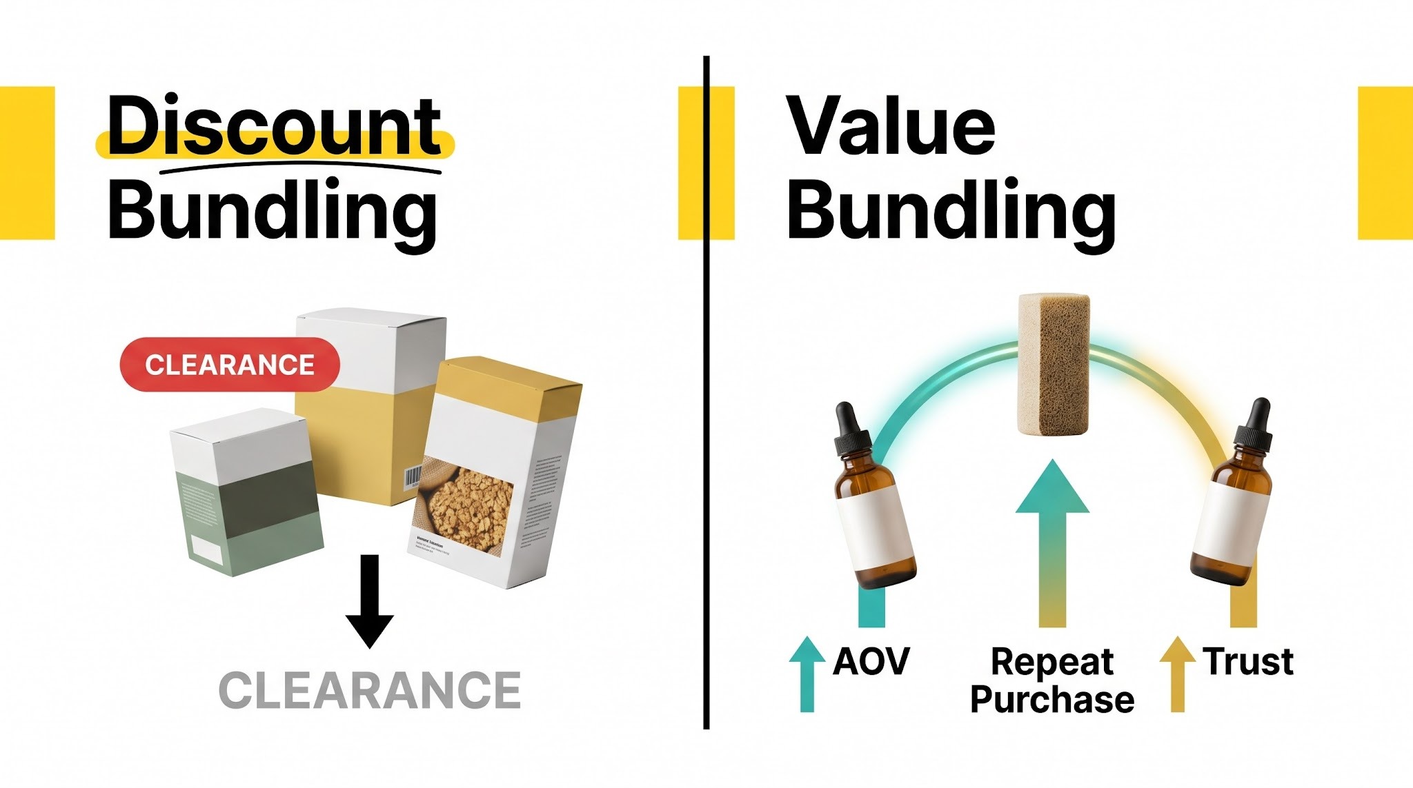 Side-by-side diagram comparing discount bundling with downward margins versus value bundling with rising AOV and trust.