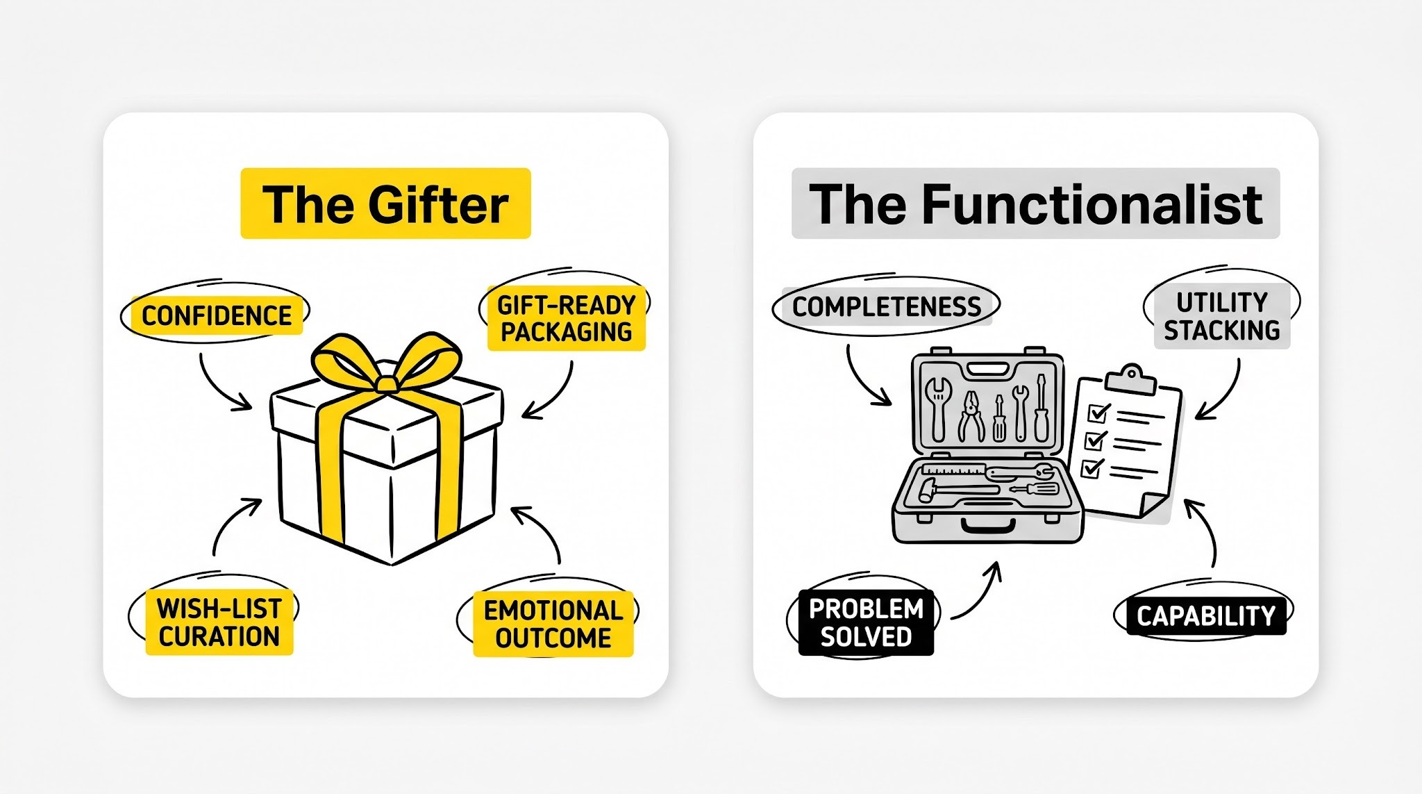 Two persona cards: The Gifter with packaging and confidence callouts, The Functionalist with utility and completeness callouts.