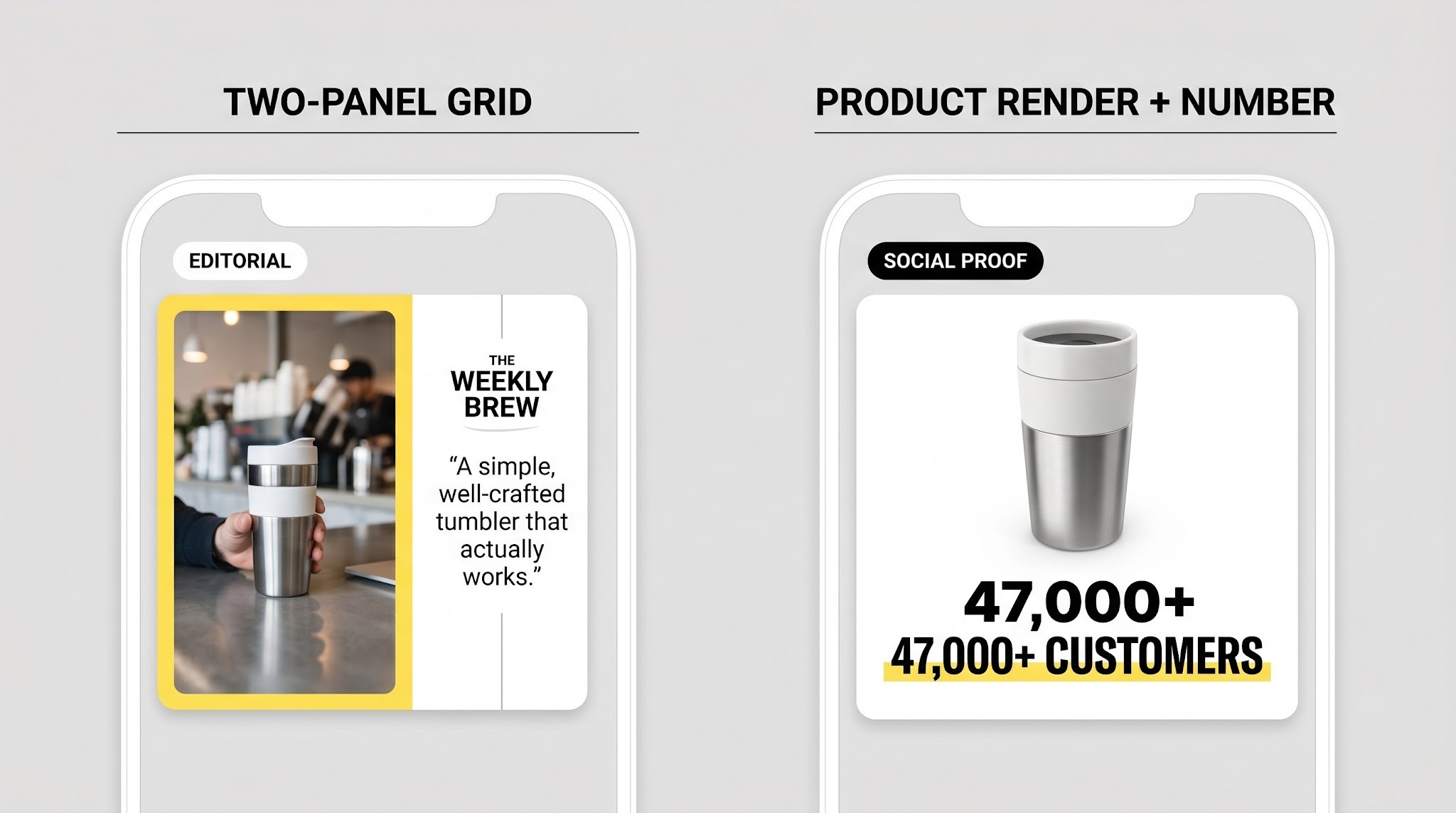 Side-by-side mockups comparing a two-panel lifestyle and publication ad with a product render featuring a bold customer count statistic.