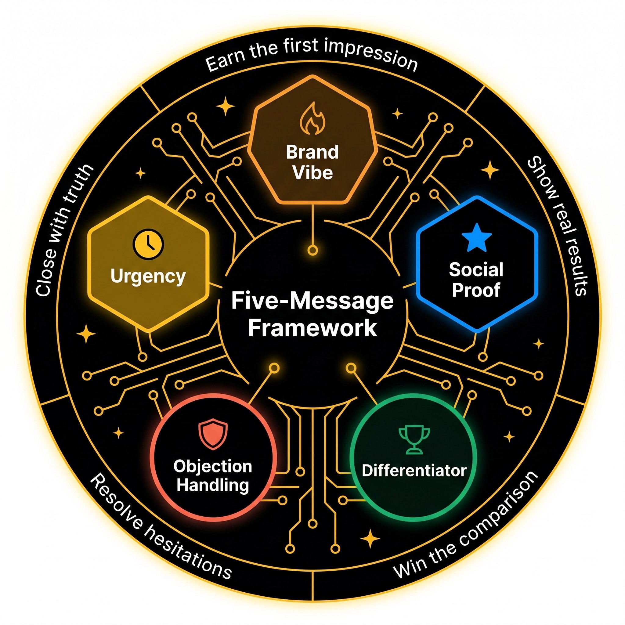 Circular wheel diagram with five colored segments labeled Brand Vibe, Social Proof, Differentiator, Objection Handling, and Urgency with icons and descriptors.