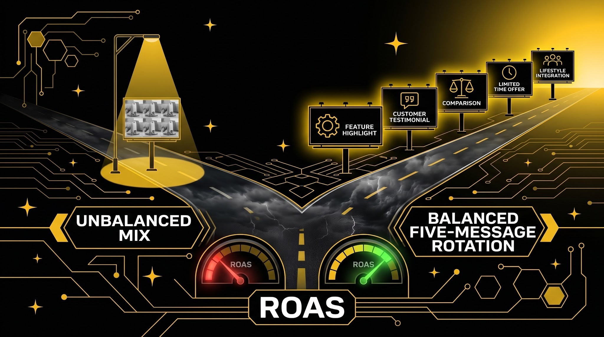 Two diverging roads: one with a single repeated ad billboard and falling ROAS meter, the other with five distinct message billboards and rising ROAS.