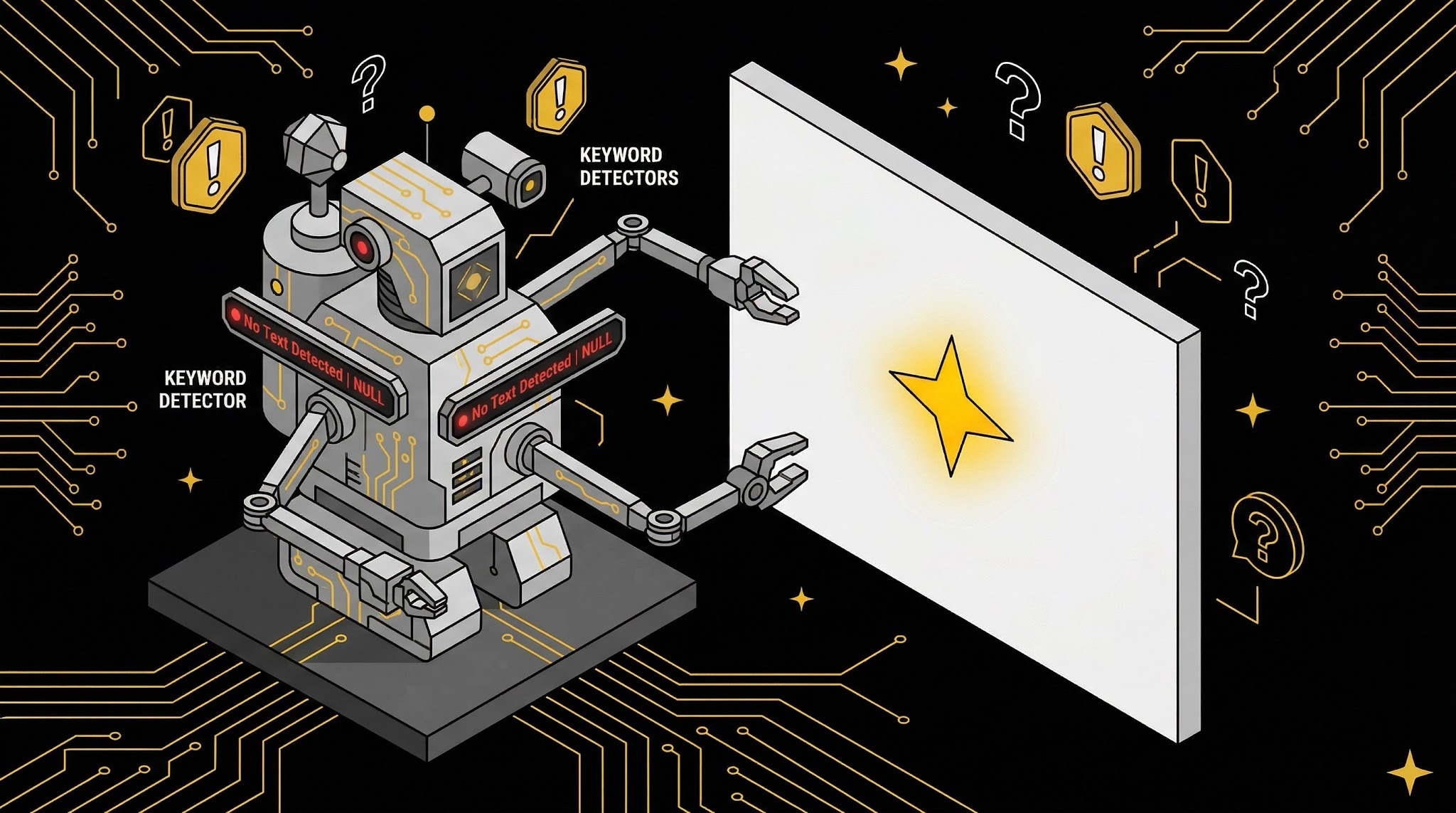 An automation robot scanning a blank star rating, finding no text to process, with red error indicators.