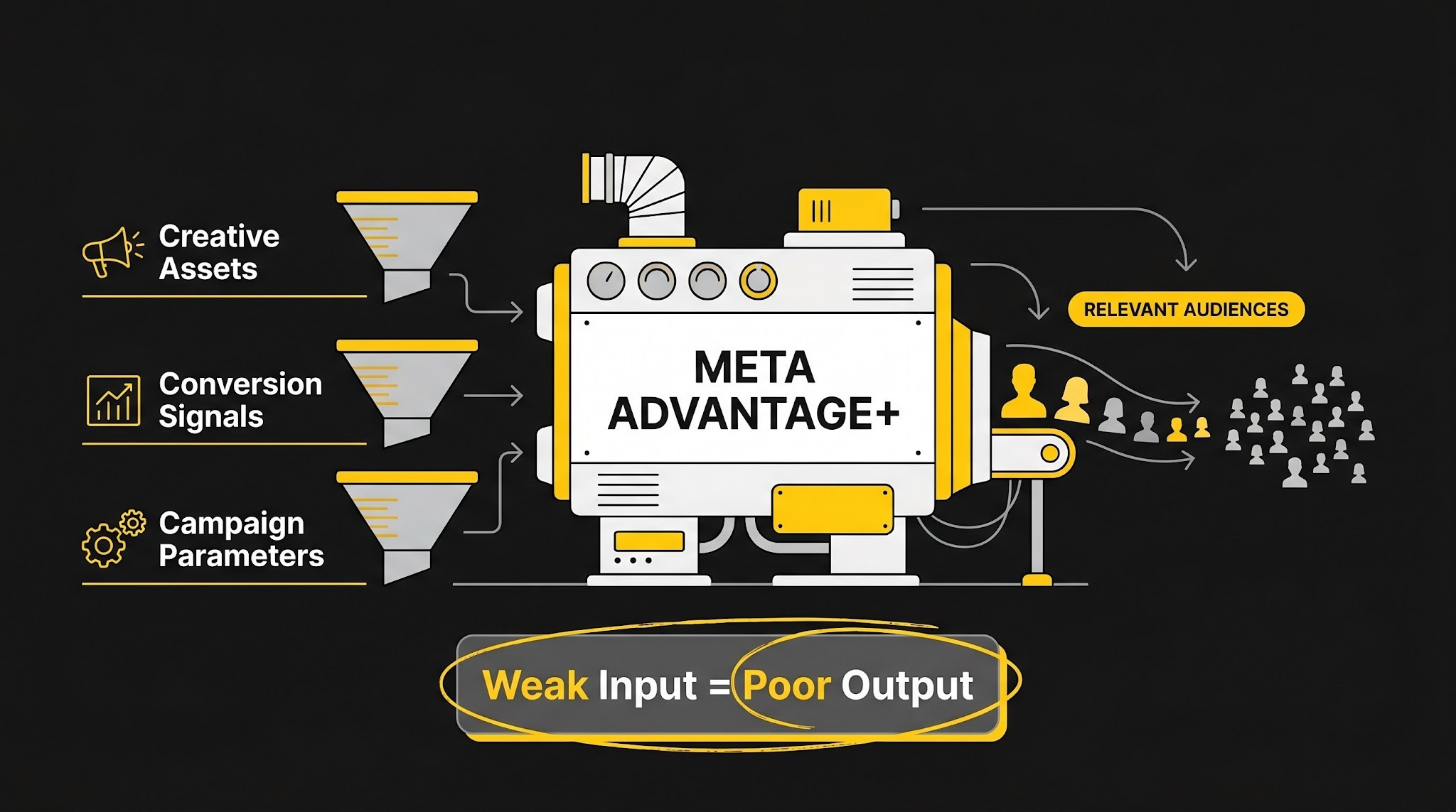 An infographic showing Meta Advantage+ as a distribution engine with creative assets as inputs and targeted audiences as outputs.