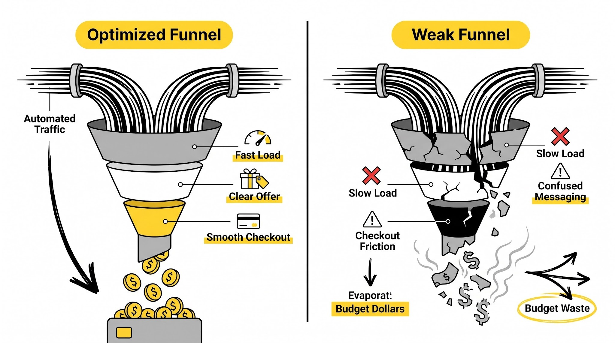 Firehose of traffic flowing into an optimized funnel producing revenue on the left, and a broken funnel wasting budget on the right.