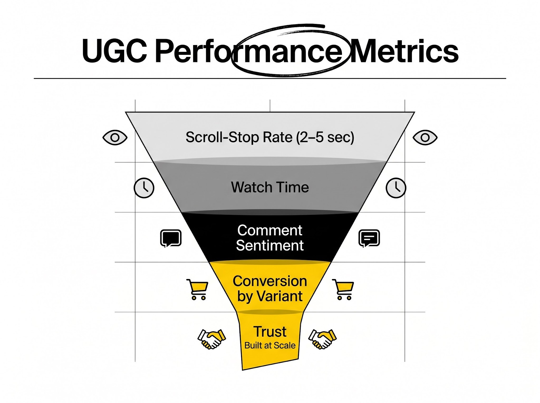 Funnel diagram showing UGC performance metrics from scroll-stop rate down to trust built at scale.