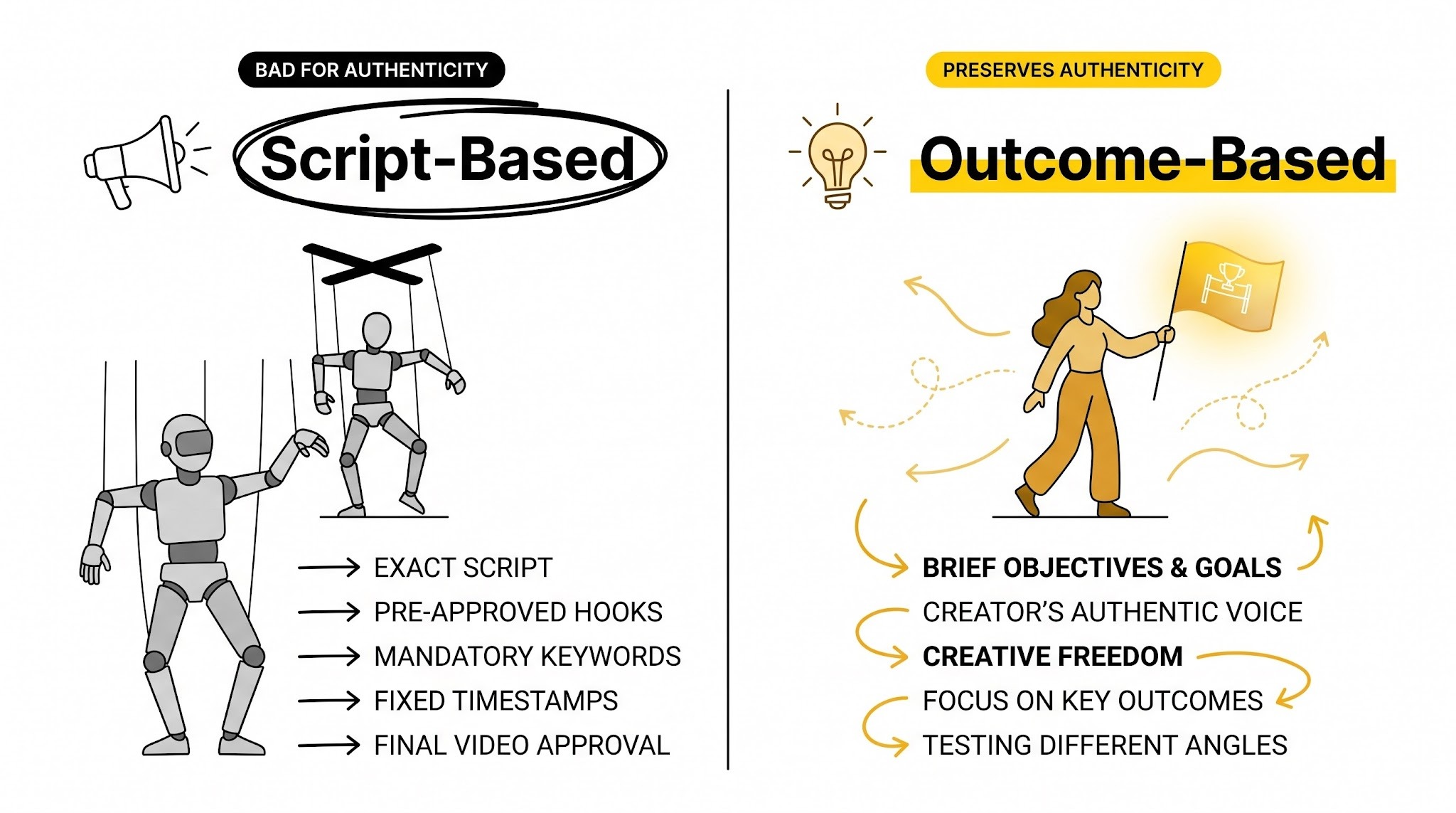 Side-by-side comparison of script-based brief showing puppet creator versus outcome-based brief showing free creator.