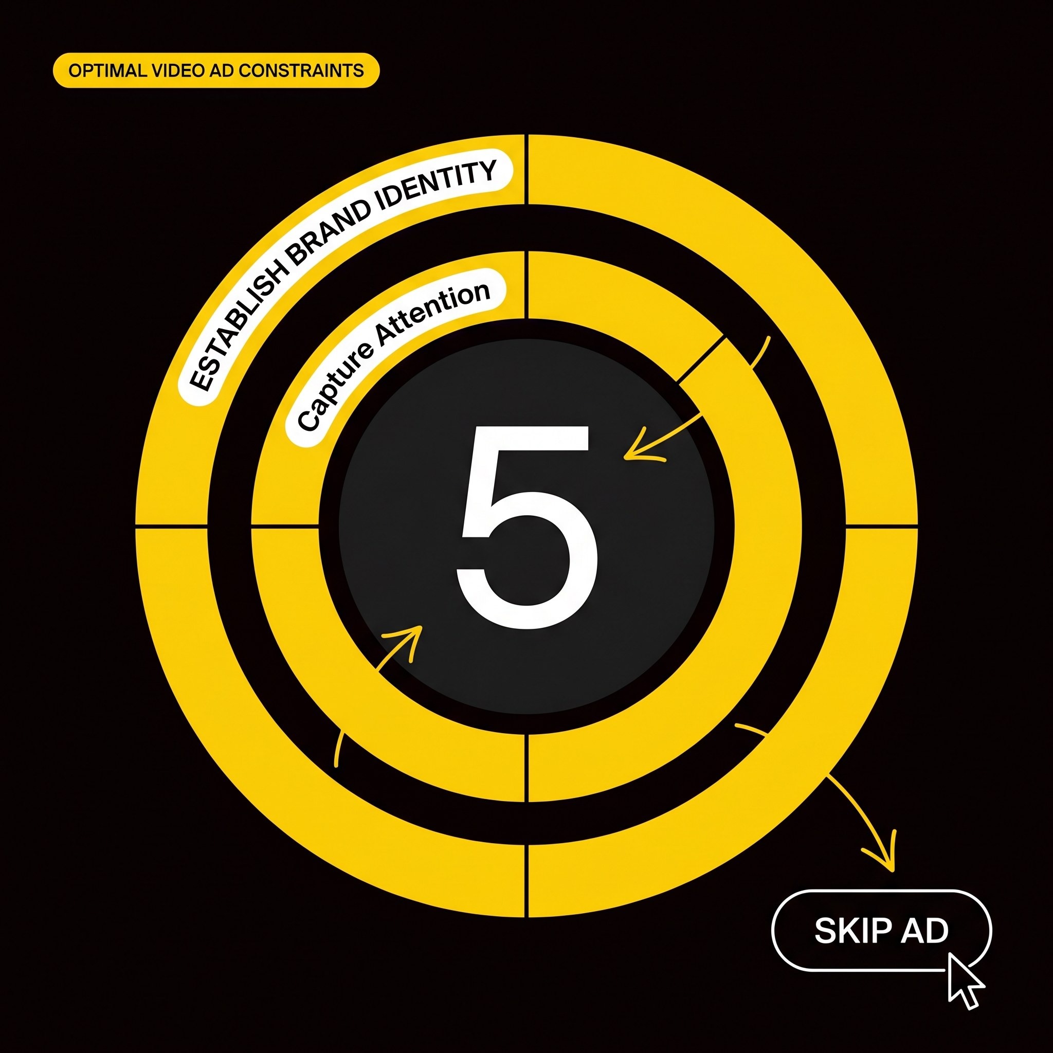 Circular countdown timer showing 5 seconds with two labeled rings for Capture Attention and Establish Brand Identity, with a Skip Ad button.