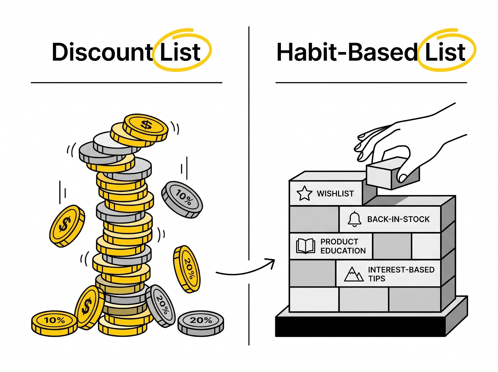 Contrast between a toppling coin tower labeled Discount List and a solid brick wall labeled Habit-Based List built with interest-driven content icons.