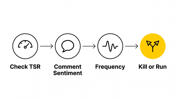 A four-node left-to-right flow diagram: Check TSR, Comment Sentiment, Frequency, leading to a yellow Kill or Run decision node.