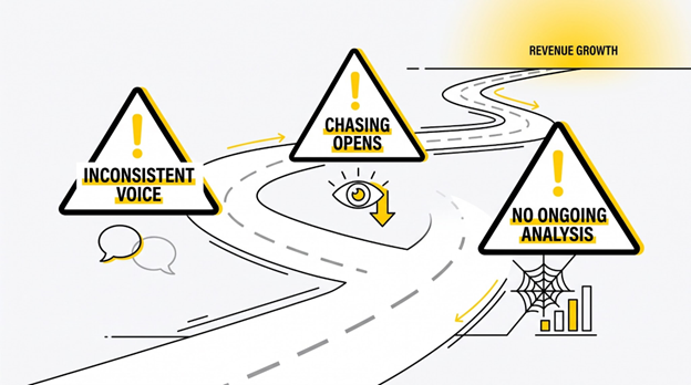 Three orange warning signs on a road labeled Inconsistent Voice, Chasing Opens, and No Ongoing Analysis, with a bright horizon ahead.