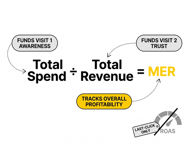 Annotated diagram of the MER formula Total Spend divided by Total Revenue with labels showing how it funds Visit 1 and Visit 2 investment.