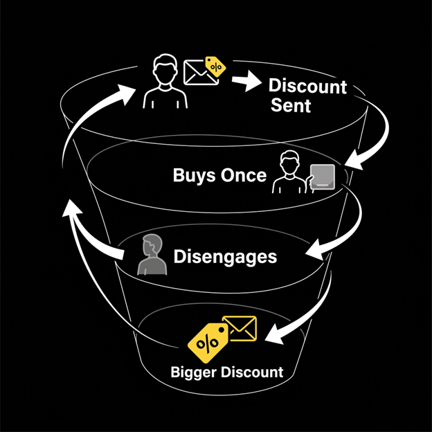 Circular diagram showing the discount death spiral: customer disengages, brand discounts, customer buys, cycle repeats.