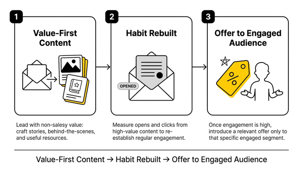 Three-step email sequence: value-first content, habit rebuilt, then offer sent to re-engaged audience.