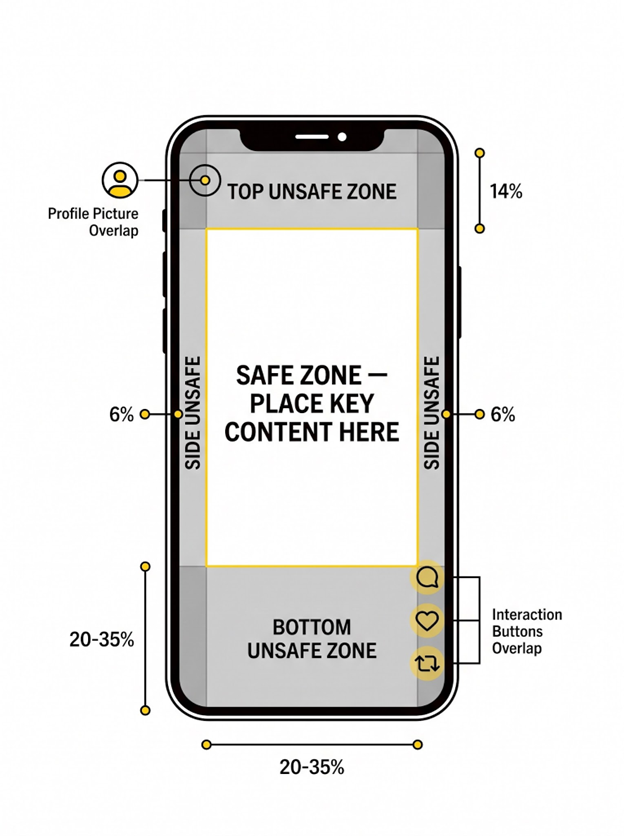 Smartphone screen diagram with color-coded safe and unsafe zones for Instagram Reels ad content placement.