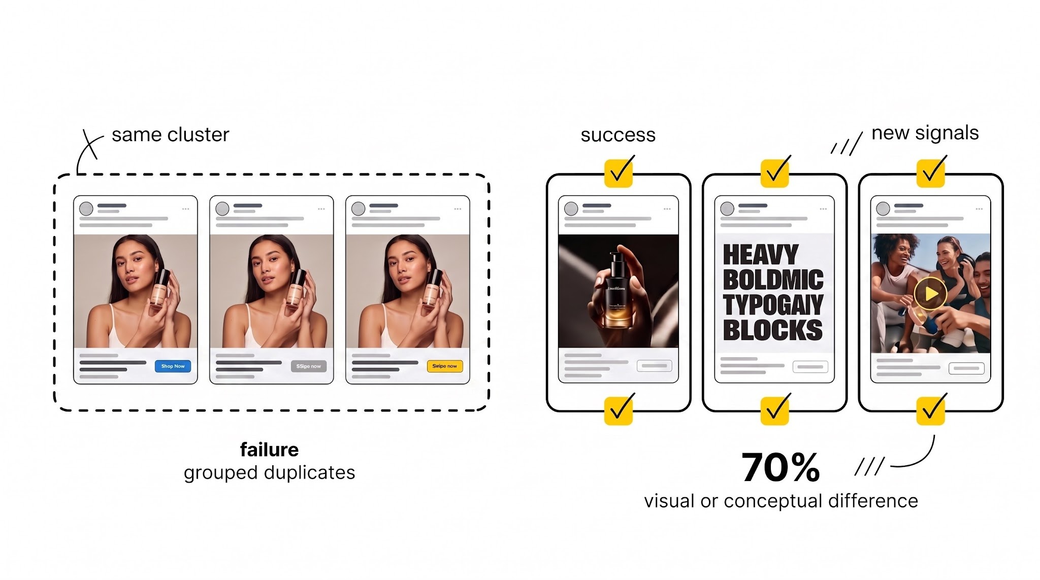 Three near-identical ads grouped in one dashed cluster beside three visually distinct ads each marked yellow as separate signals.