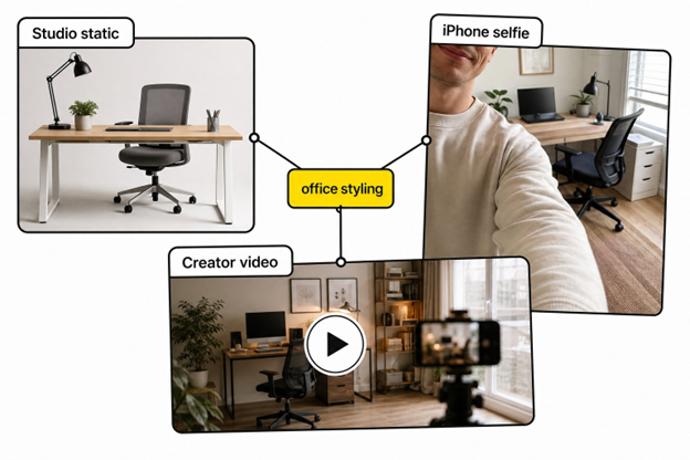 Central concept node branching into three visually distinct ad formats: studio static, iPhone selfie, and creator video.