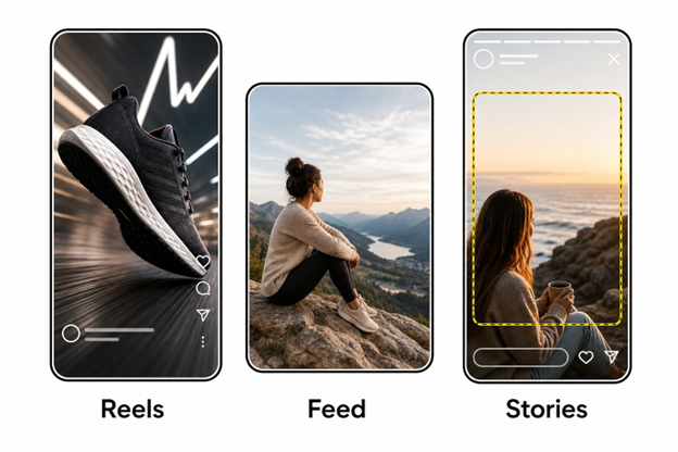 Three phone frames of different aspect ratios labeled Reels, Feed, and Stories, with Stories showing a yellow safe-zone box under UI icons.