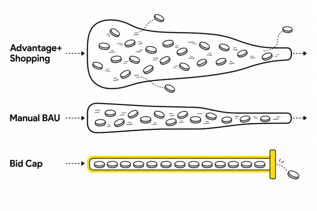 Three lanes of bid tokens with progressively tighter boundary lines labeled Advantage+ Shopping, Manual BAU, and Bid Cap.