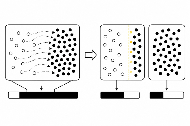Before/after diagram: one blended campaign favoring returning customers, versus two separate ad sets with an exclusion boundary.