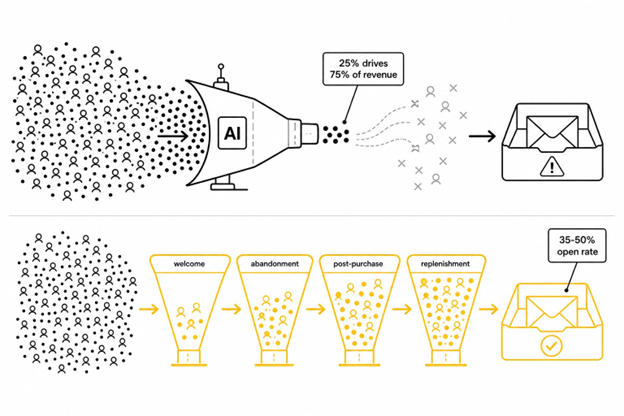 Two funnels compared: aggressive AI segmentation shrinking a list versus a gradual four-stage safe-send funnel in yellow.