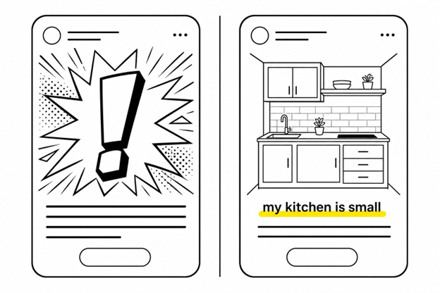 Two ad cards side by side: a loud generic interruptive hook versus a calm recognition hook reading 'my kitchen is small'.