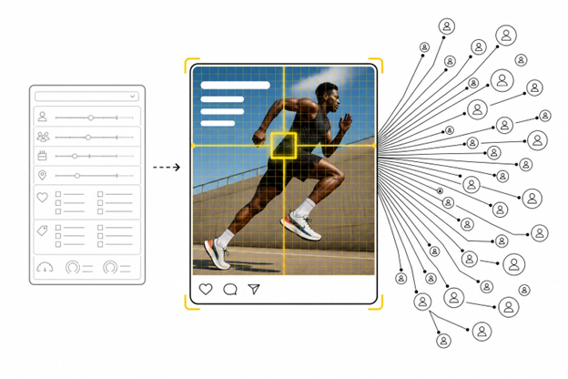 A greyed-out targeting panel beside an ad thumbnail scanned by yellow lines, connecting to many small audience nodes.