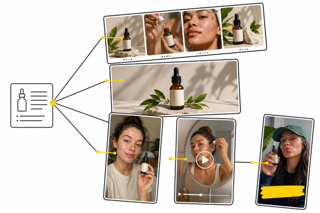 One message brief connects to five differently styled ad formats: carousel, studio static, selfie photo, GRWM video, trend post.