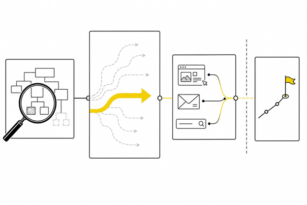Four connected panels showing diagnosis, a yellow guiding-policy arrow, aligned channel actions, and a separate outcome marker.