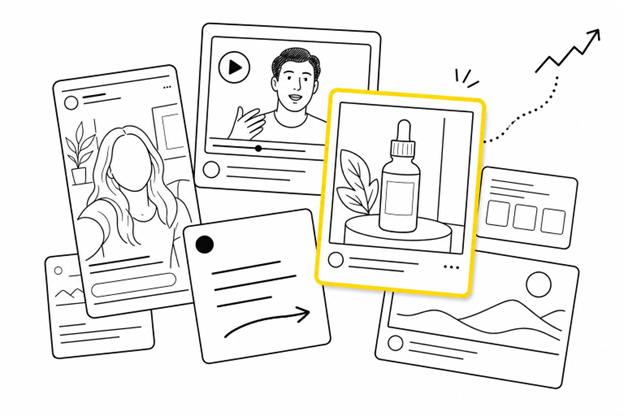 Overlapping ad-creative tiles in UGC, founder video, branded, and scrappy static styles, with one highlighted in yellow as top performer.