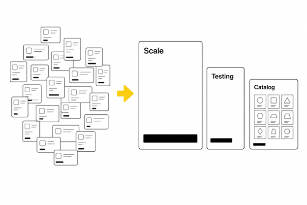 Before: many crowded thin campaign cards. After: three unequal, labeled campaign frames — Scale, Testing, Catalog.