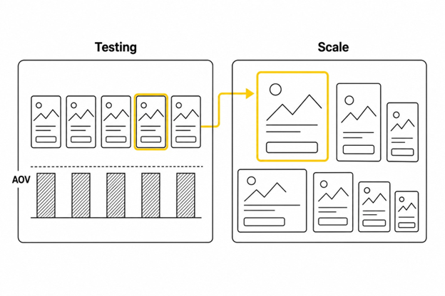 Equal-sized test tiles in a Testing zone graduate via a yellow arrow into a larger, varied-size Scale campaign zone.