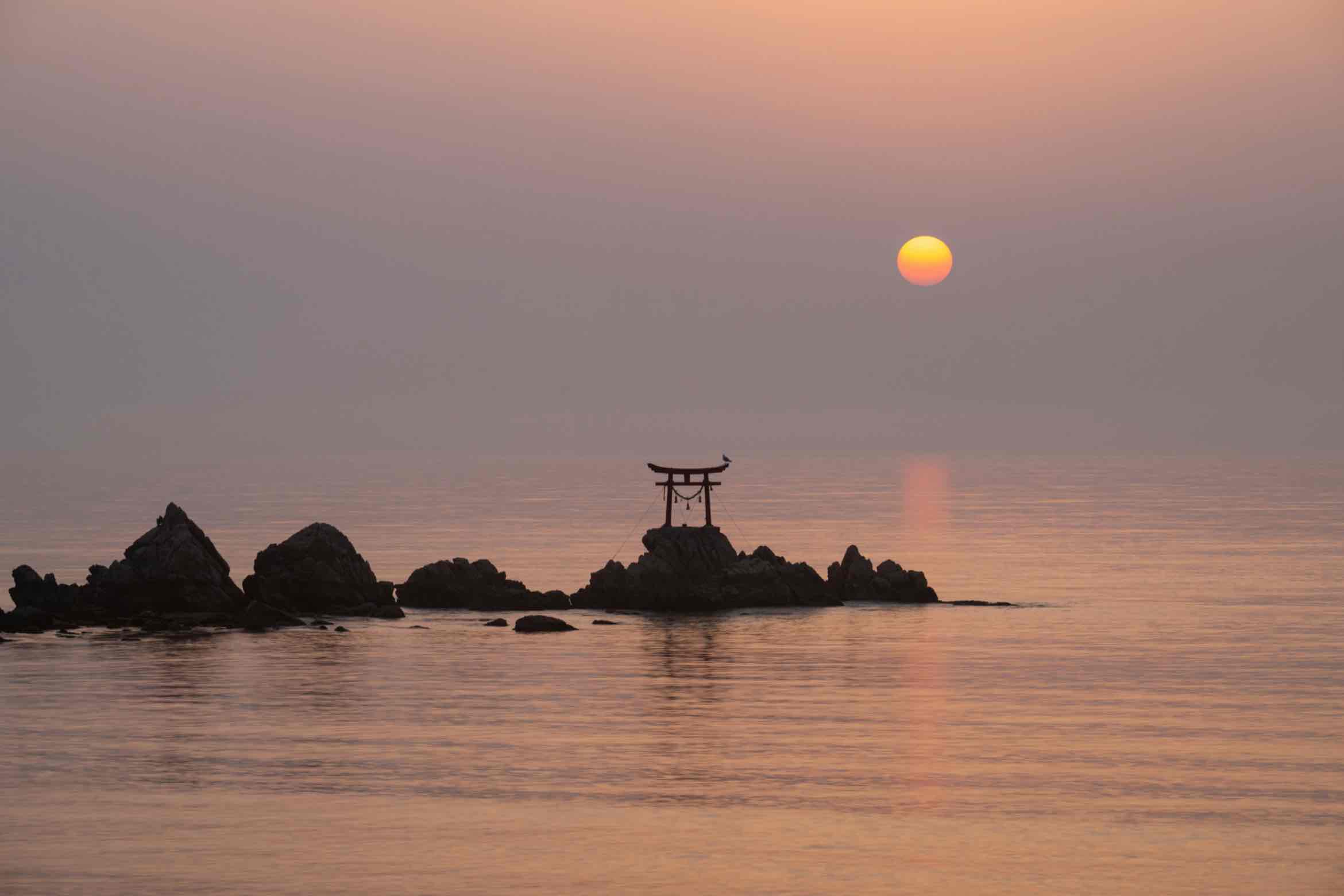Torii gate standing on coastal rocks at sunset, Japan