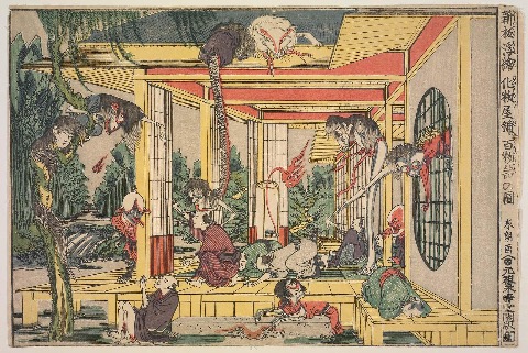 Chaotic scene of yōkai invading a Japanese house, illustrated in Hokusai’s colorful and exaggerated ukiyo-e style.