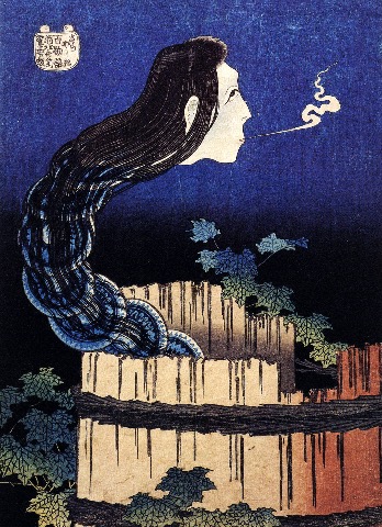 Traditional Japanese ukiyo-e of Okiku’s ghost rising from a well, depicted with flowing black hair and eerie expression by Hokusai