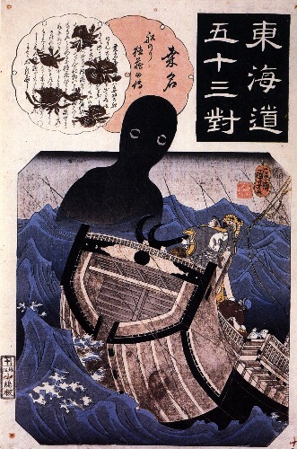 Ukiyo-e print of the sea spirit Umibōzu towering over a ship in rough waves, a haunting maritime legend by Kuniyoshi.