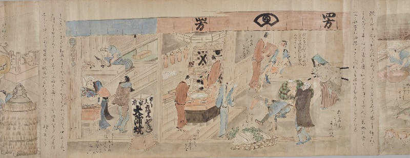Edo-period illustration by Kuwagata Keisai depicting craftsmen eating and drinking at a lively izakaya.