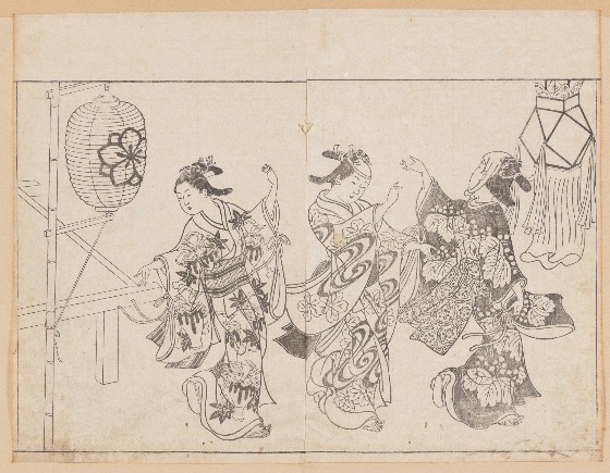 Edo-period illustration of three women in kimono dancing Bon Odori beside paper lanterns.