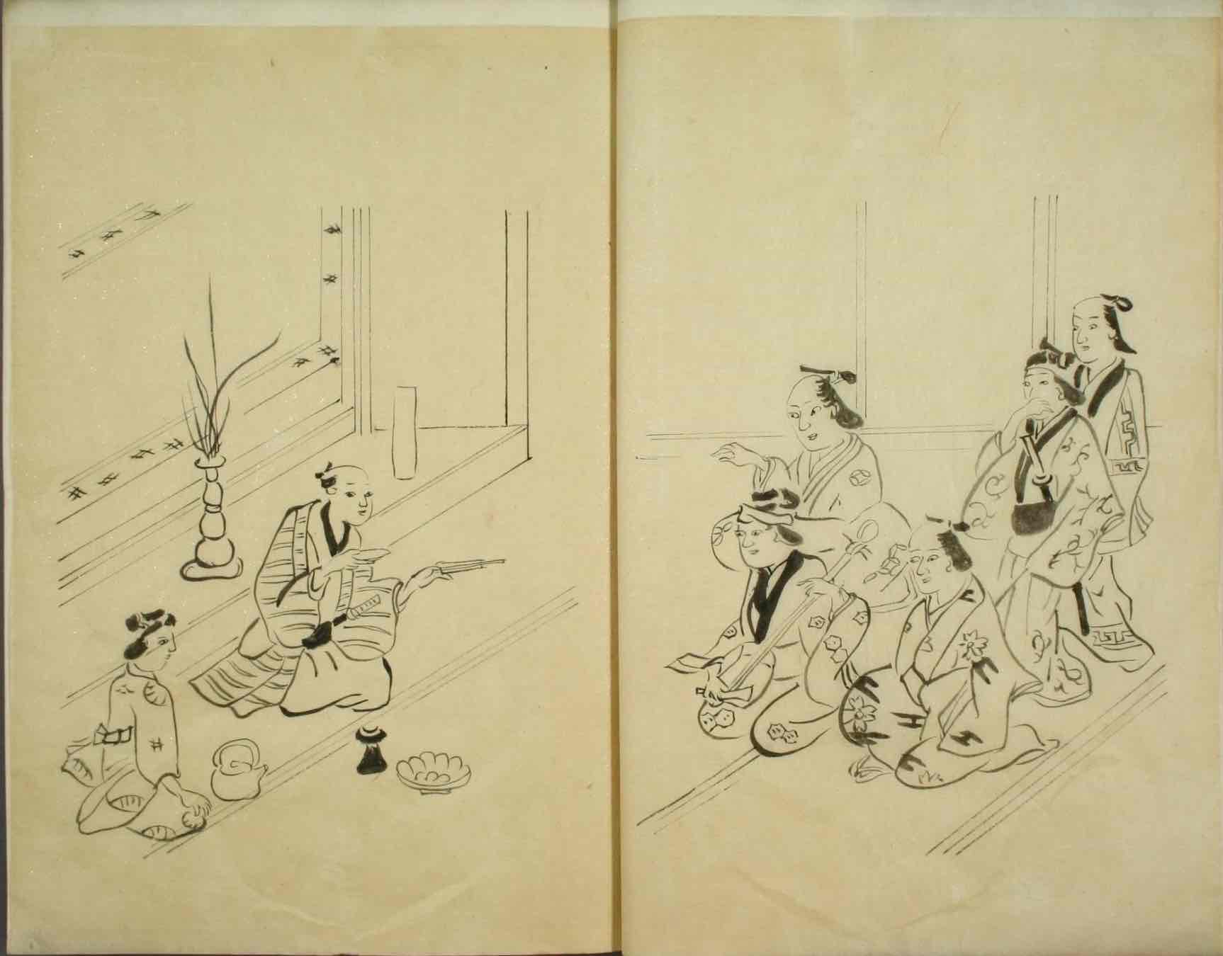 Edo-period drawing of a rakugo performance with storyteller and audience.