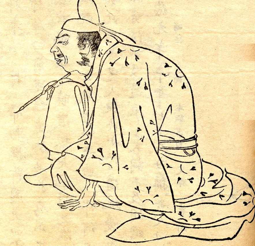 Illustration of Ono no Michikaze, a renowned Japanese calligrapher, wearing traditional robes and holding a brush.