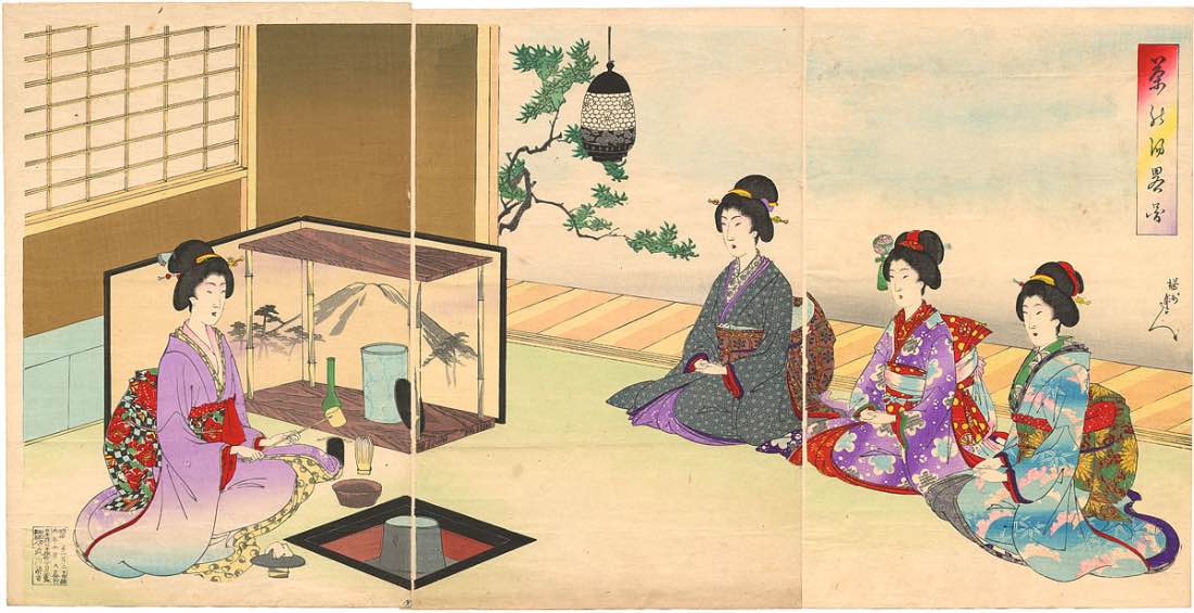 Woodblock print of women in kimonos participating in a Japanese tea ceremony.