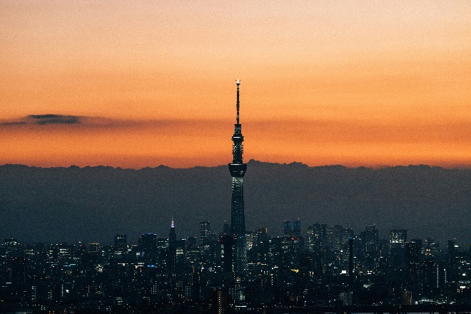 Tokyo skyline at sunset with Tokyo Skytree in view