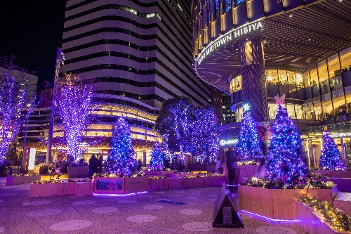 The plaza at Tokyo Midtown Hibiya decorated with purple and blue illuminated trees and multiple Christmas trees
