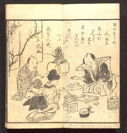 Edo-period illustrated cookbook showing New Year dishes prepared for the holiday season.