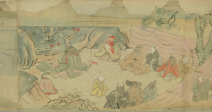 Edo-period illustrated scroll by Sumiyoshi Jokei showing the Japanese zodiac animals gathered together